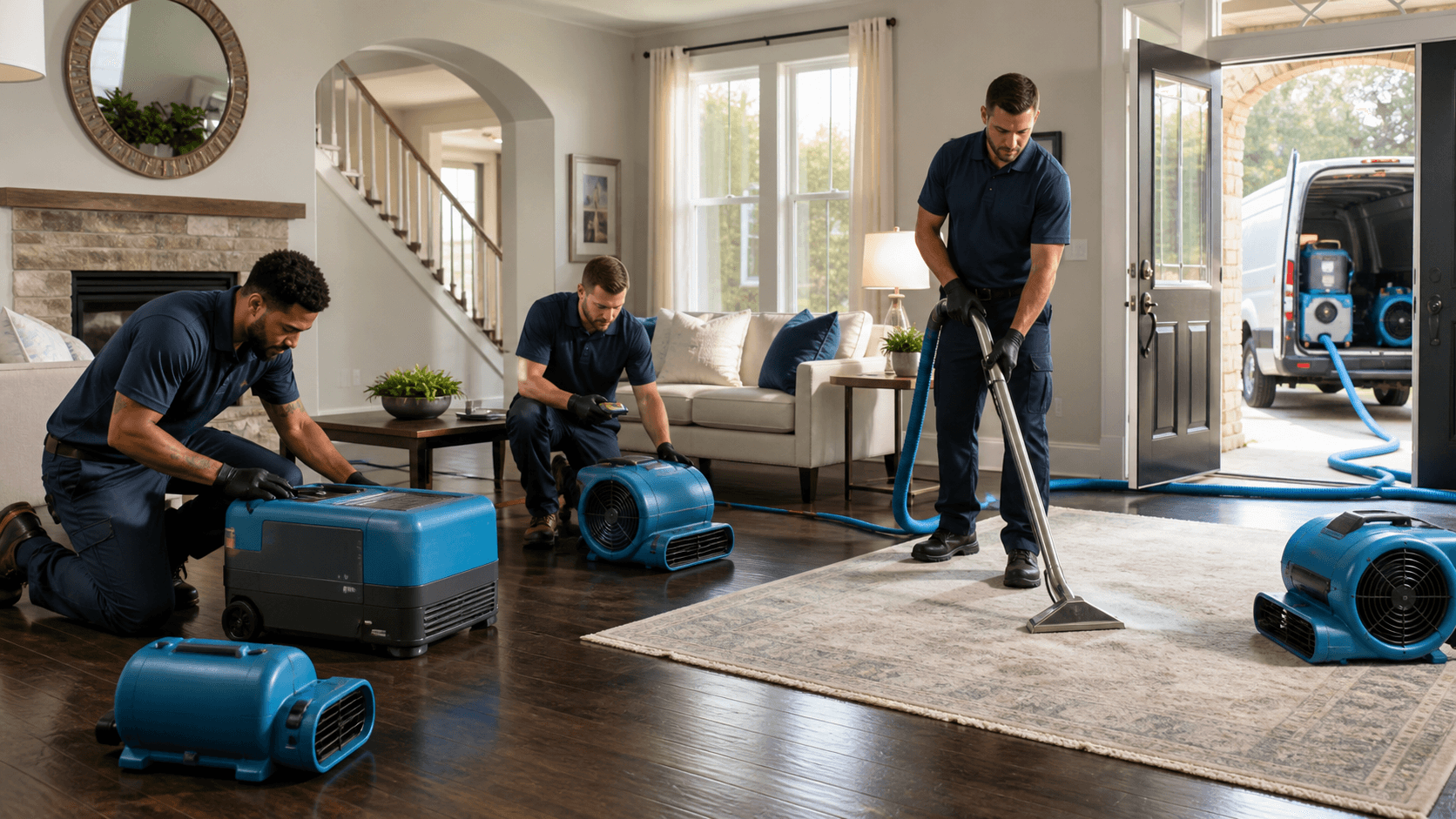 Industrial dehumidifier and two air movers on a wet floor in a dim room, with soft light through a window.