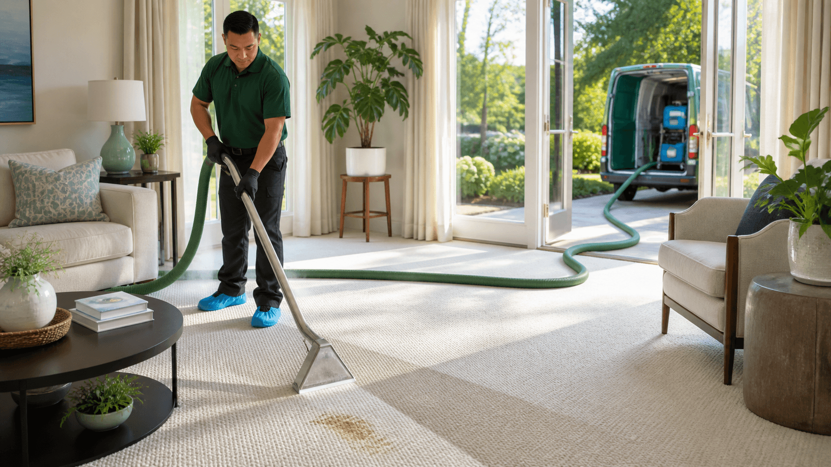 Sunlit beige carpet with a dark spill stain beside cleaning spray, cloth, and a potted plant.