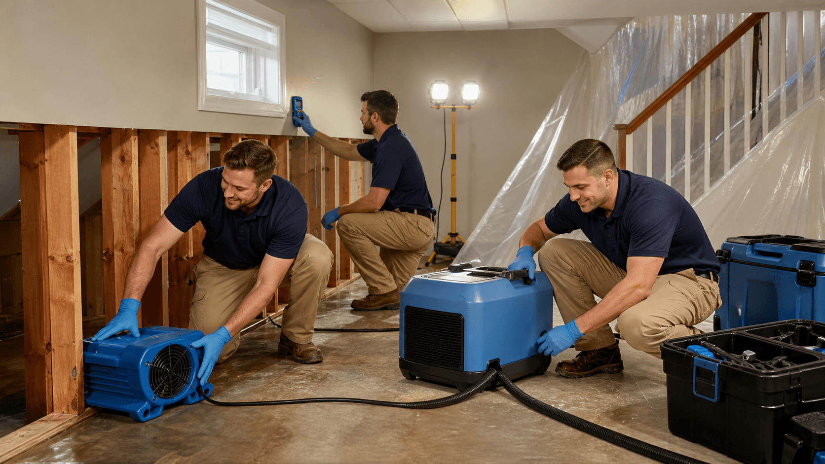 Technician in blue uniform aiming an air mover at a wet basement floor beside a dehumidifier under warm light.