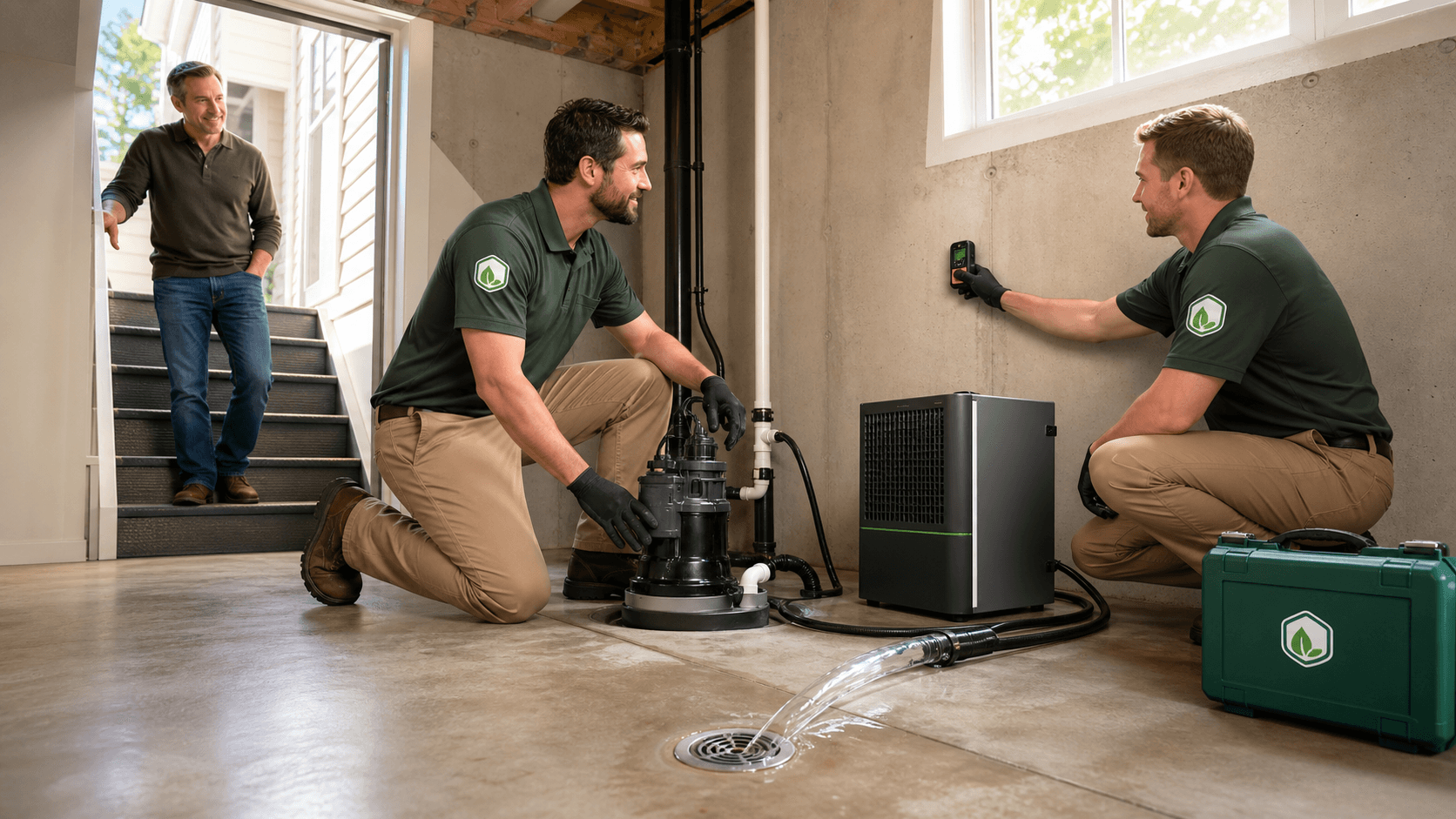 Worker in protective gear using dehumidifier and air mover to dry a flooded basement near a leaking wall