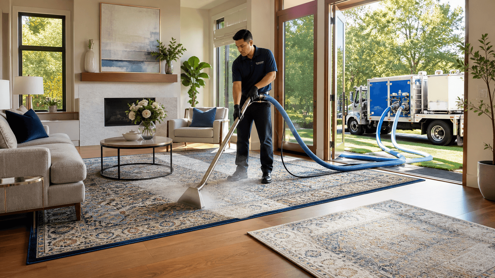 A patterned area rug in a bright living room beside cleaning supplies and a vacuum.