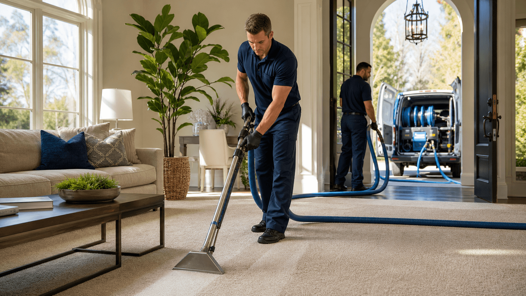 Sunlit living room with a green rug, houseplants, and a person vacuuming with a modern upright cleaner.