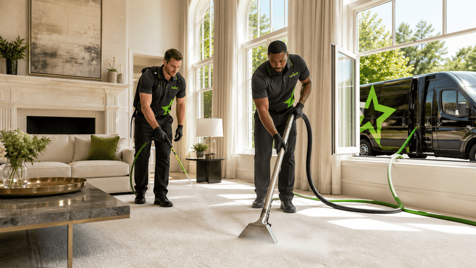 Professional carpet cleaner vacuuming a beige carpet in a bright living room