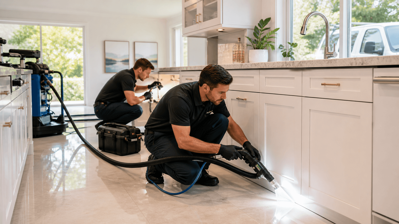Inspector examines dark mold spots beneath a kitchen sink with a flashlight in a bright white bathroom.