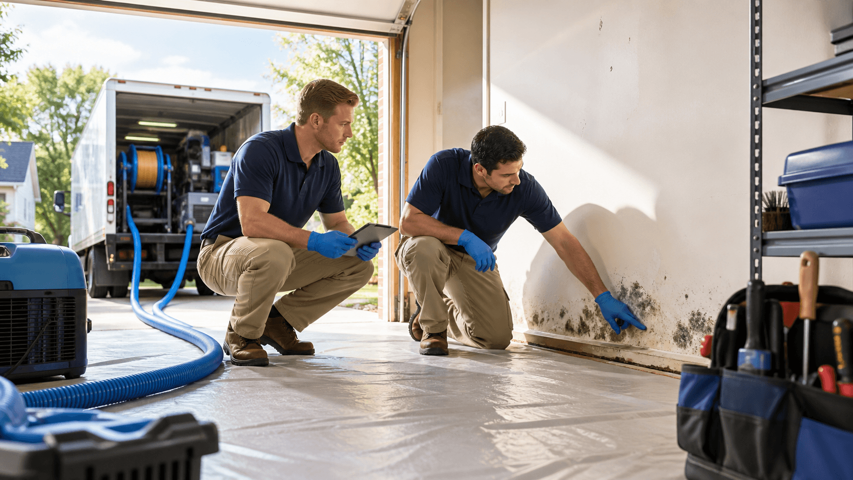 Dark mold stains spread across a cluttered garage wall beside tools and cardboard boxes under dim overhead light.