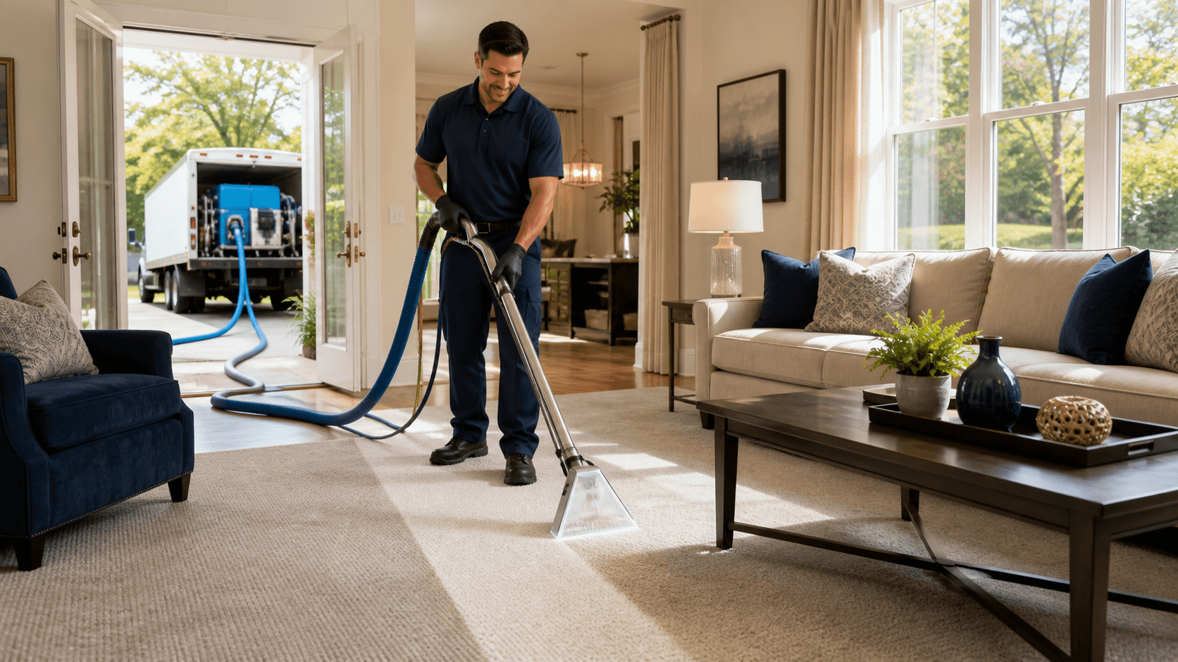 Split view of a carpet cleaner shampooing a rug and a steam wand releasing white vapor in a bright room.