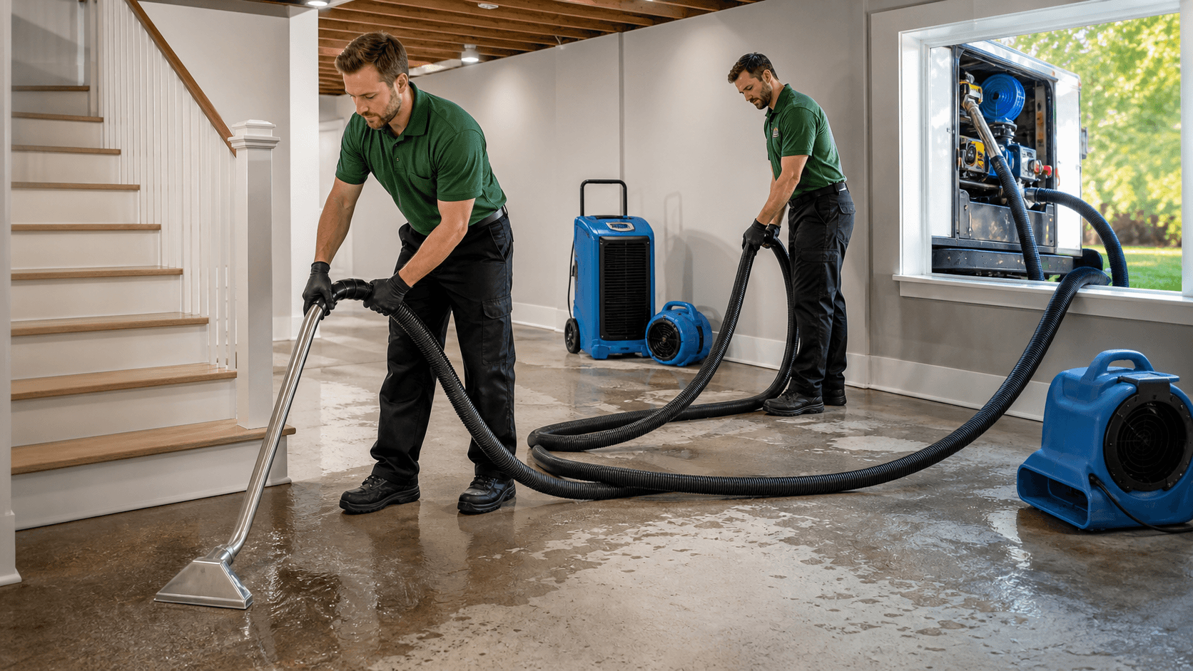Worker in yellow rain gear uses a wet vacuum on a flooded basement floor under bright overhead lights.