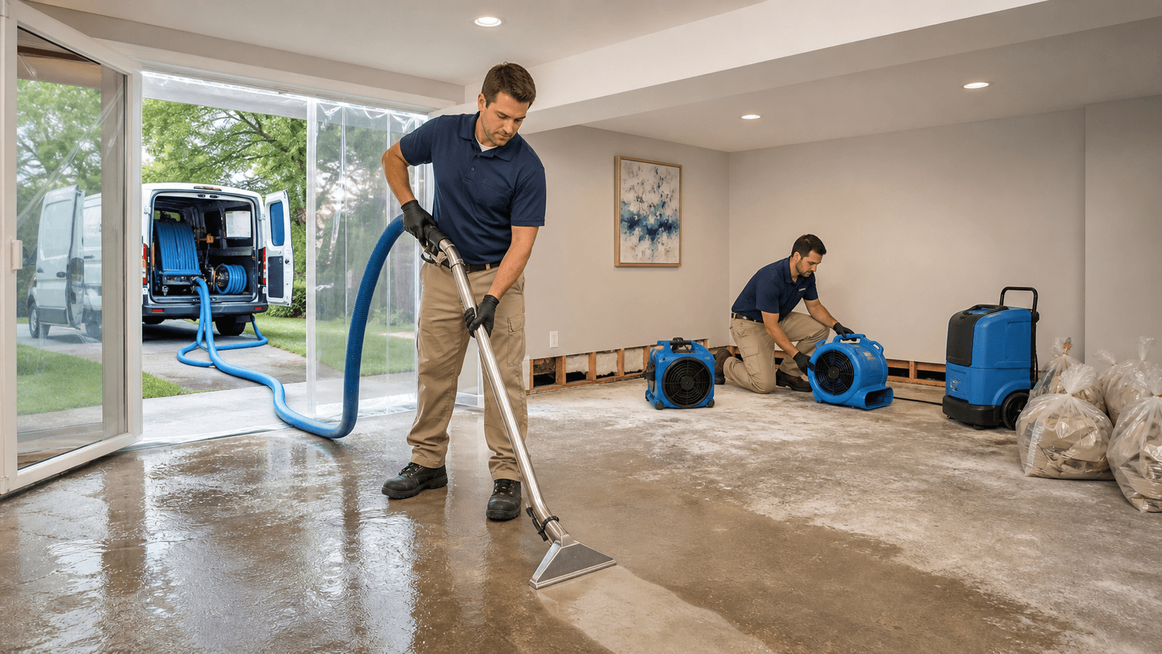 Worker in gloves and boots sprays a wet, tiled basement floor under harsh light, with hoses and buckets nearby
