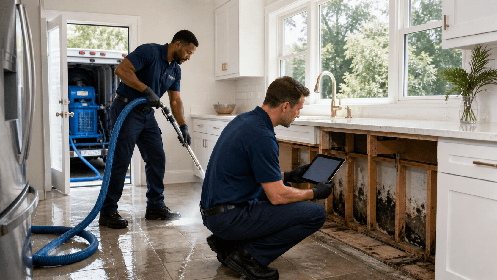 Water-damaged kitchen with dark mold stains on cabinets, exposed drywall, and soft natural light.
