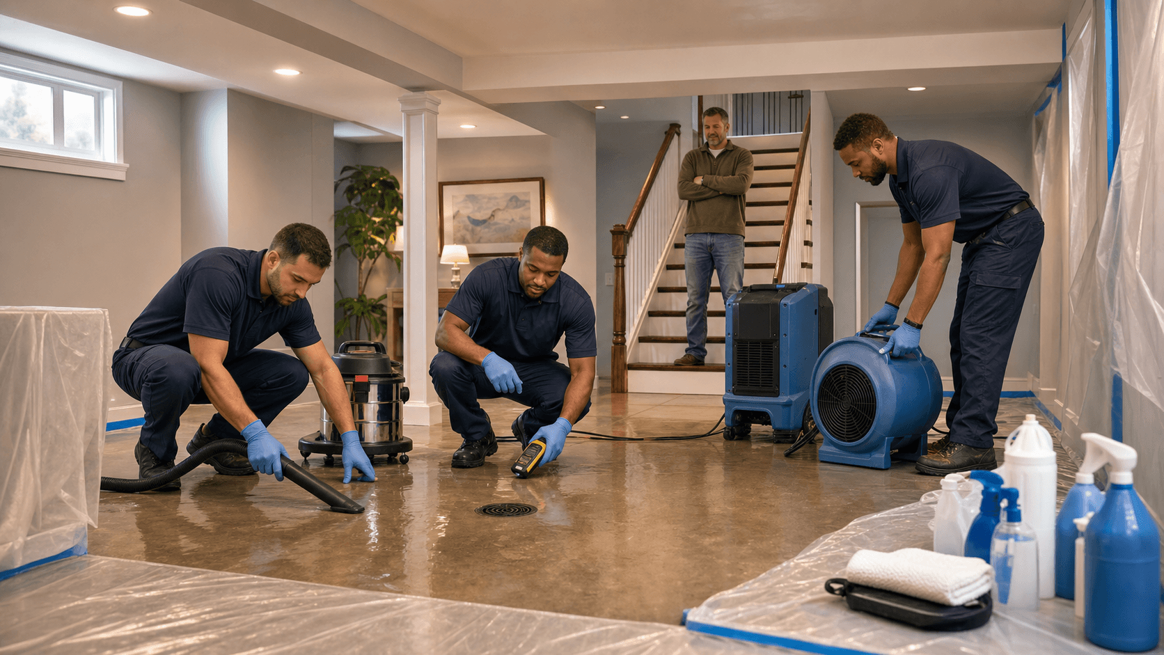 Dimly lit basement with murky sewage water pooling on the floor near a floor drain and scattered cleaning supplies